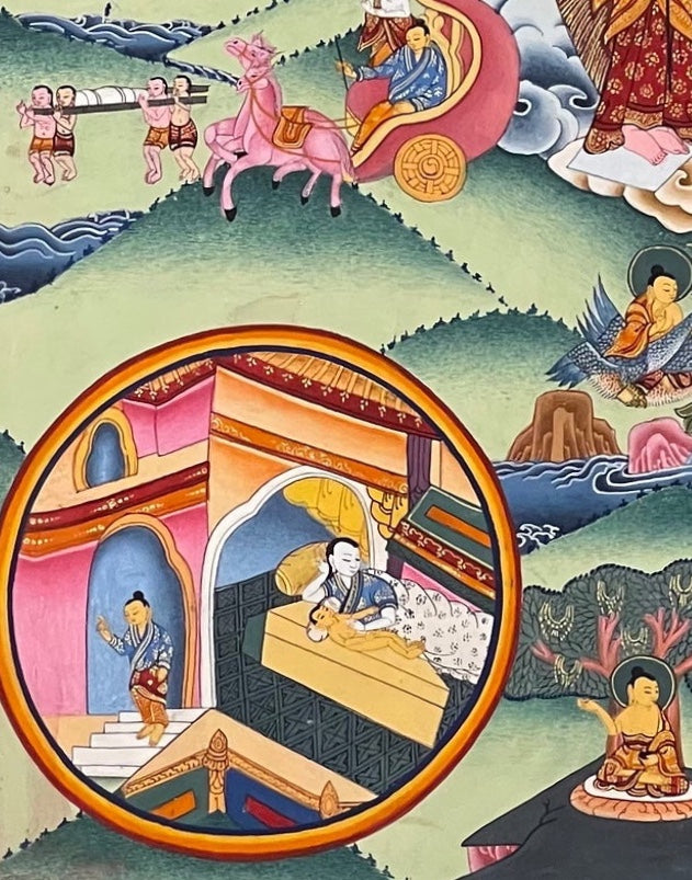 Buddha Life Story thangka, detail: bottom-left corner