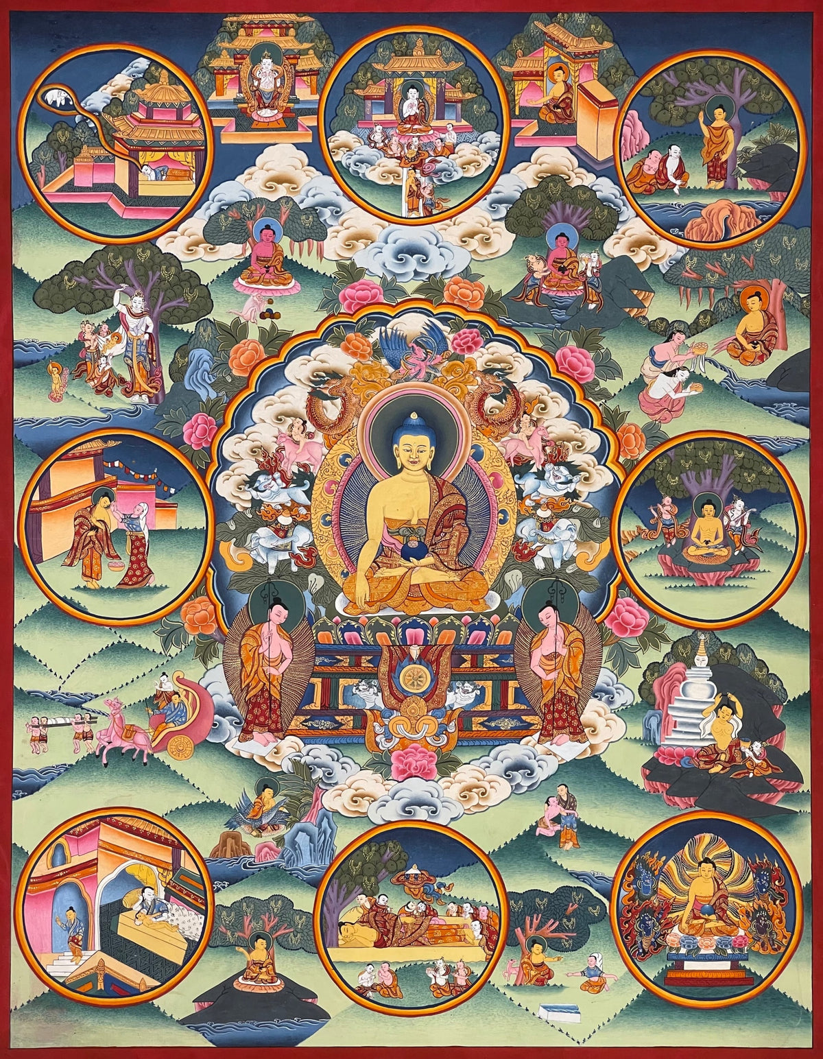 Buddha Life Story thangka, 52×65 cm: Shakyamuni at the centre surrounded by scenes of his life