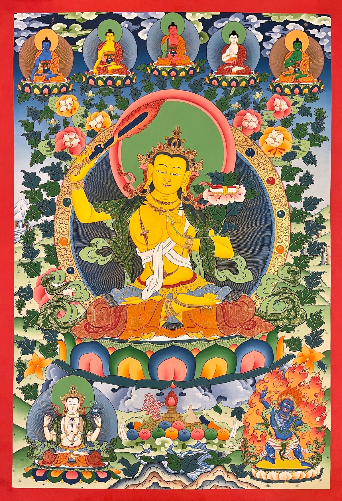 Manjushri thangka, 69×99 cm: Manjushri raising his flaming sword, with the five Buddhas, Chenrezig and Vajrapani