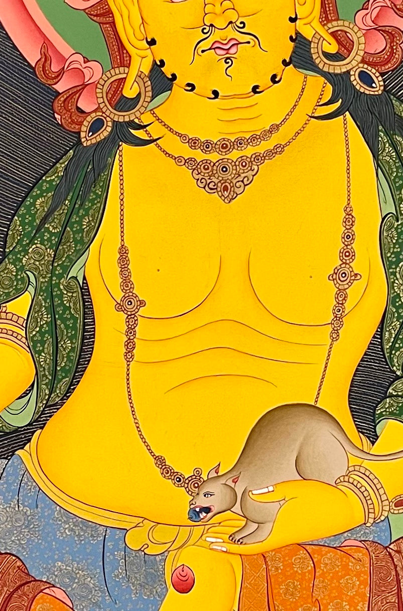 Jambhala thangka, 69×99 cm: Yellow Jambhala holding a jewel-spitting mongoose, with the five Buddhas, White and Black Jambhala