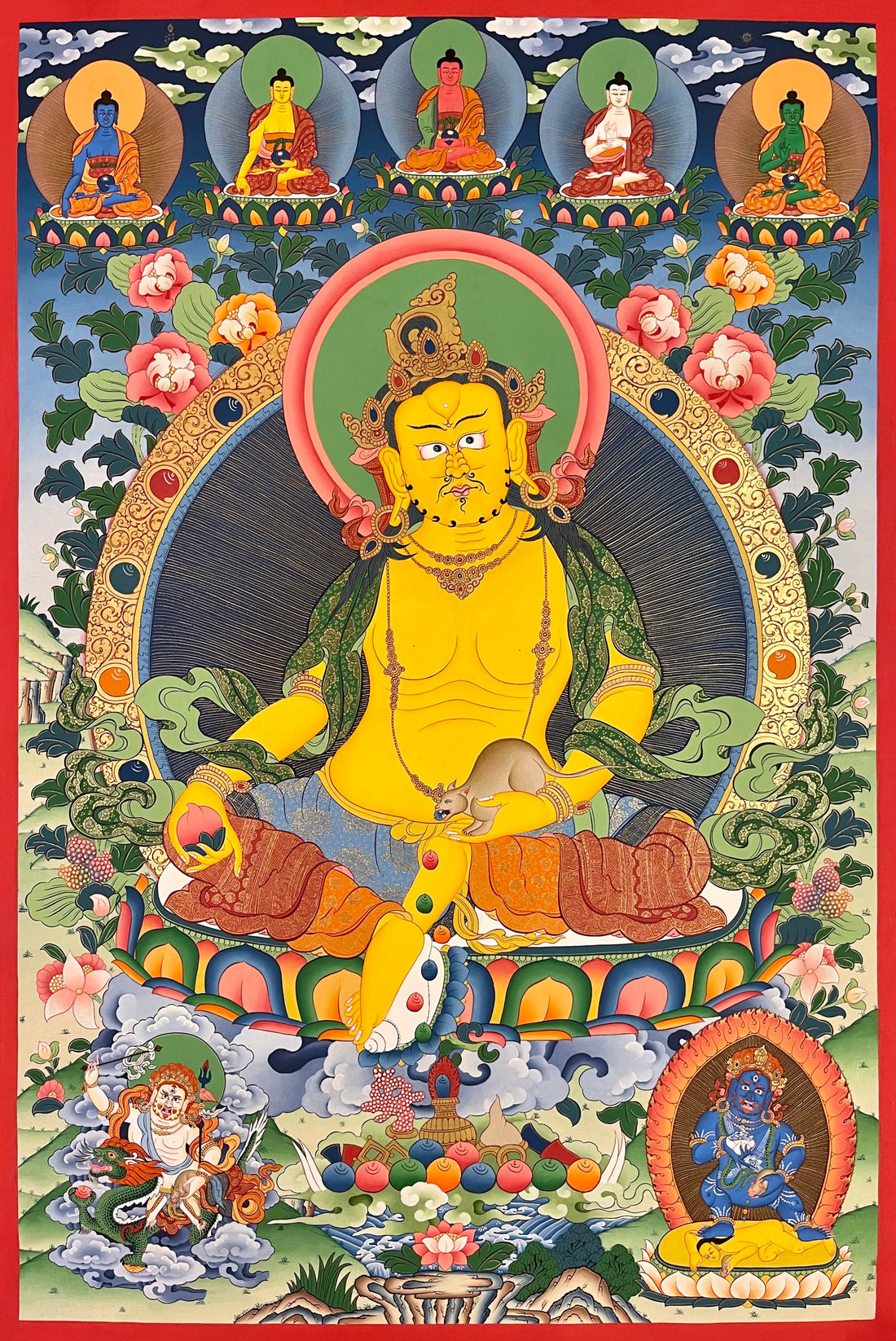 Jambhala thangka, 69×99 cm: Yellow Jambhala holding a jewel-spitting mongoose, with the five Buddhas, White and Black Jambhala