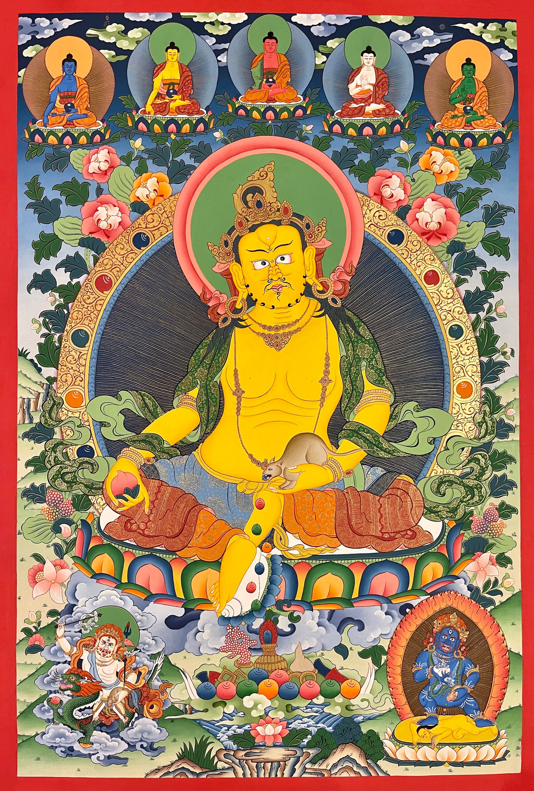 Jambhala thangka, 69×99 cm: Yellow Jambhala holding a jewel-spitting mongoose, with the five Buddhas, White and Black Jambhala