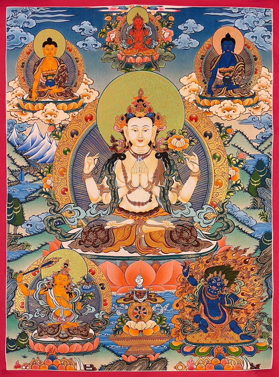 Chenrezig thangka, 57×76 cm: four-armed Chenrezig with Amitayus and two Buddhas above and Manjushri and Vajrapani below