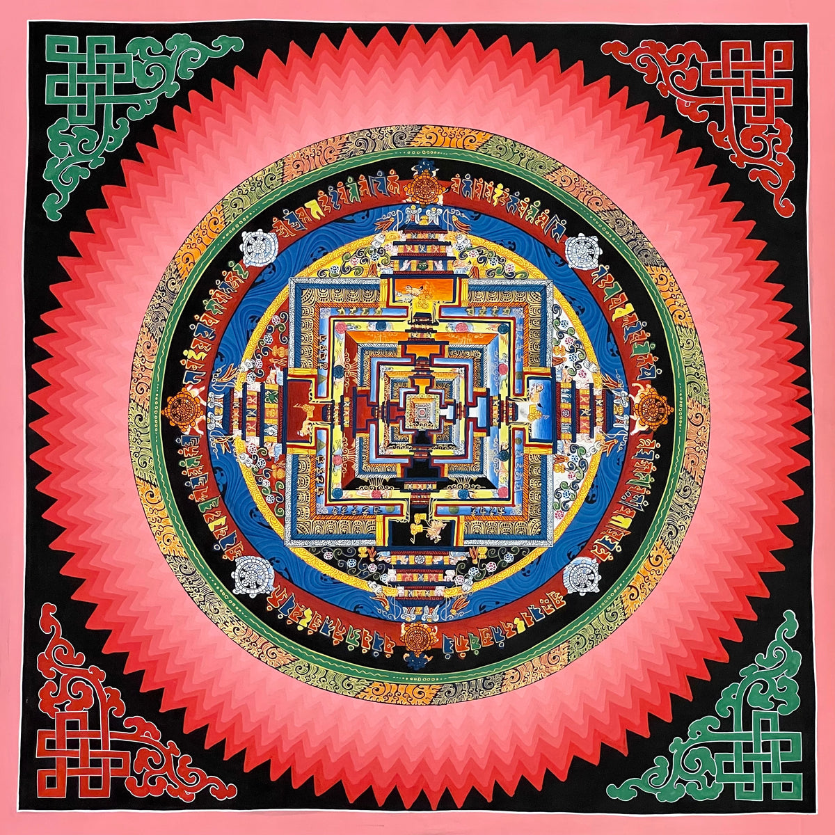 Kalachakra Mandala thangka, 55×55 cm: Kalachakra palace mandala surrounded by pink and coral zigzag rays, with endless-knot corners