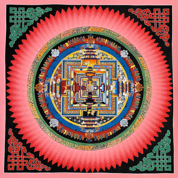 Kalachakra Mandala thangka, 55×55 cm: Kalachakra palace mandala surrounded by pink and coral zigzag rays, with endless-knot corners