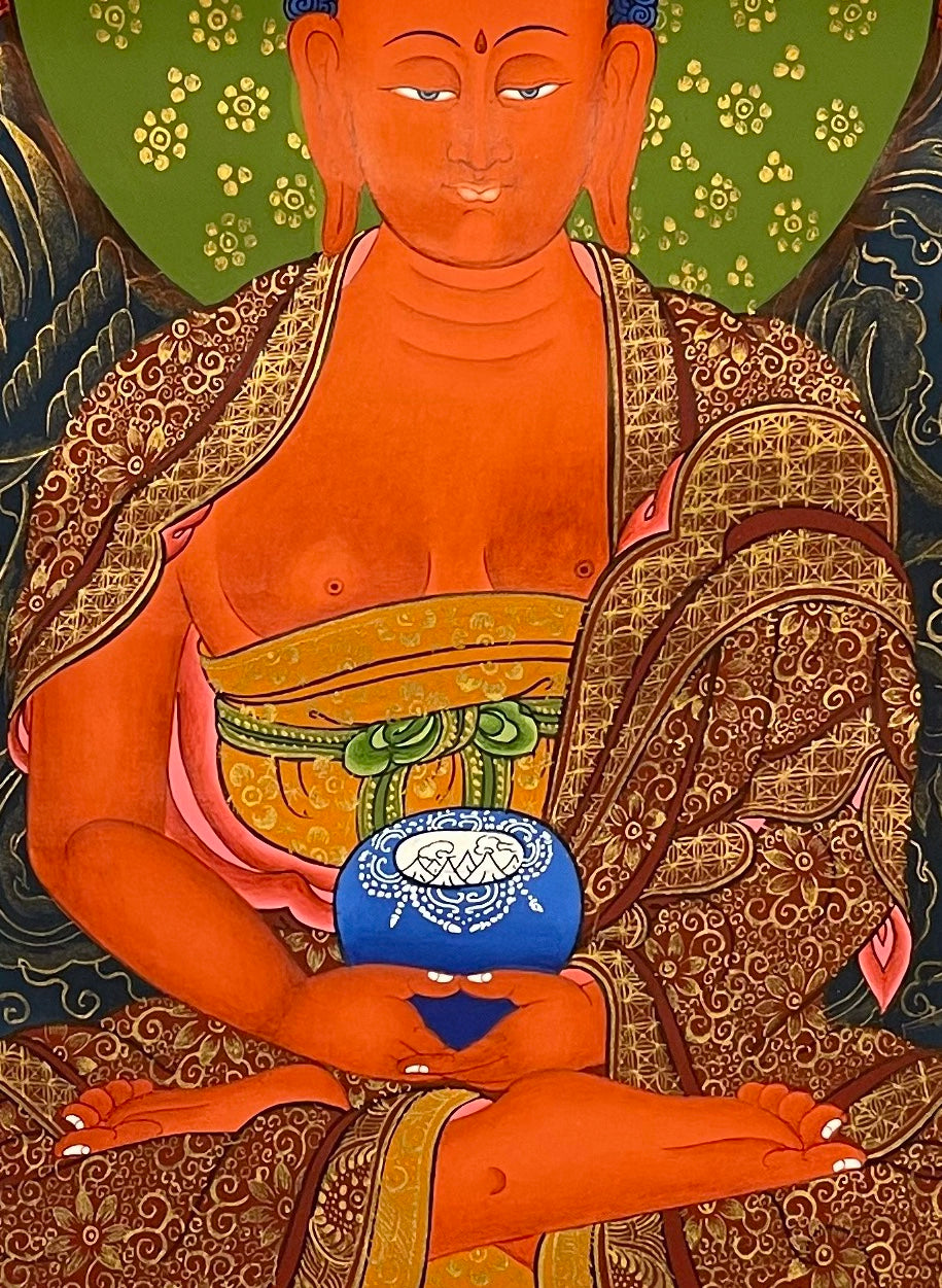Amitabha Buddha thangka, 63×85 cm: red Amitabha with a blue alms bowl, five Buddhas above and two standing monks