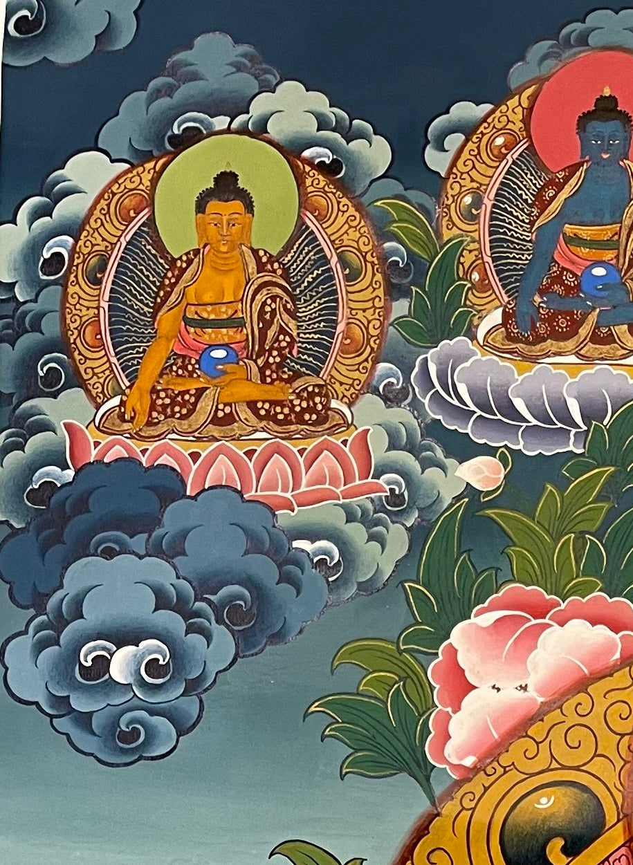Amitabha Buddha thangka, detail: top-left corner
