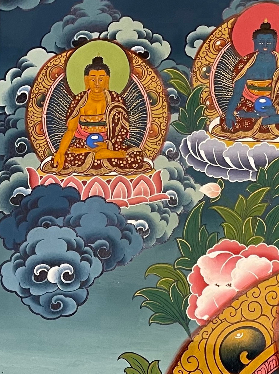 Amitabha Buddha thangka, detail: top-left corner
