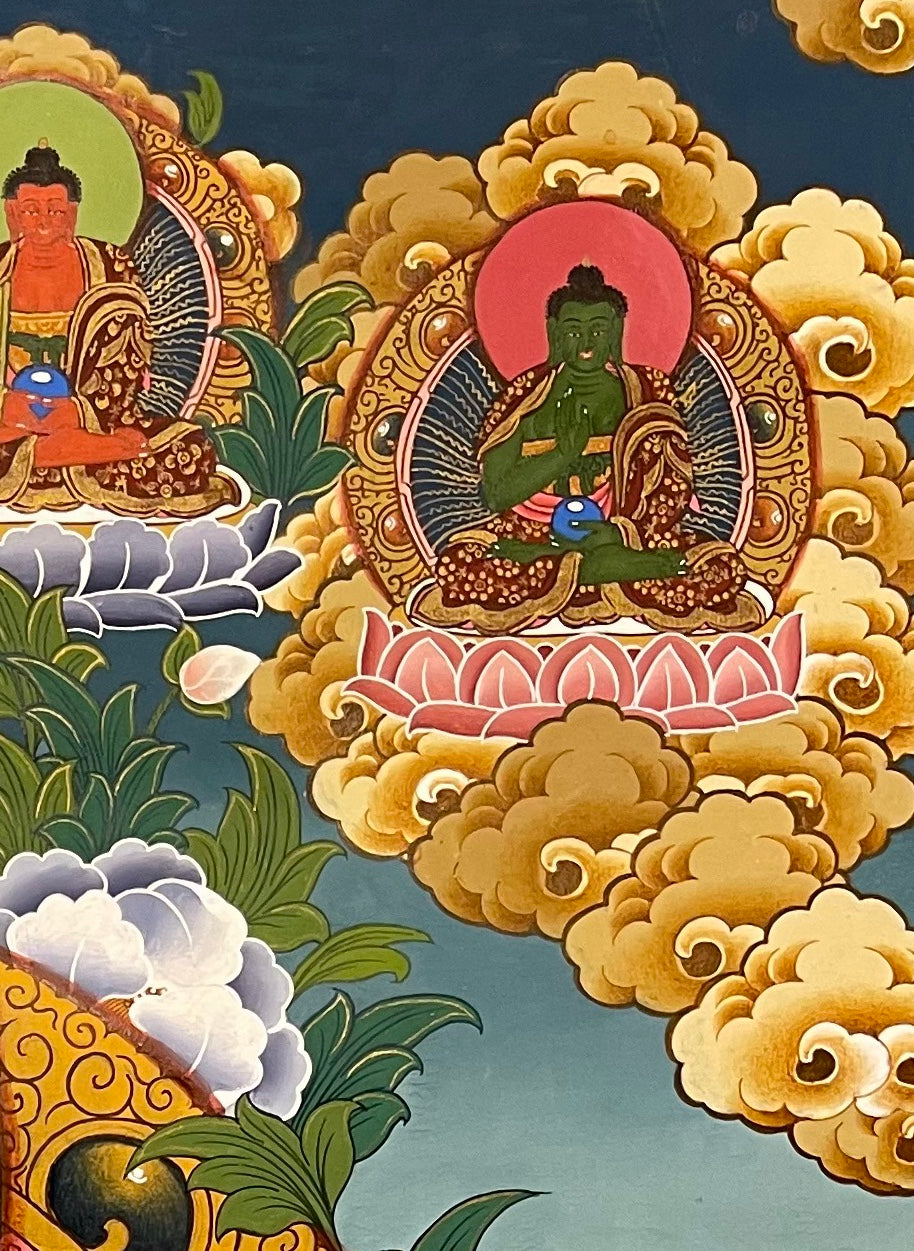 Amitabha Buddha thangka, detail: top-right corner