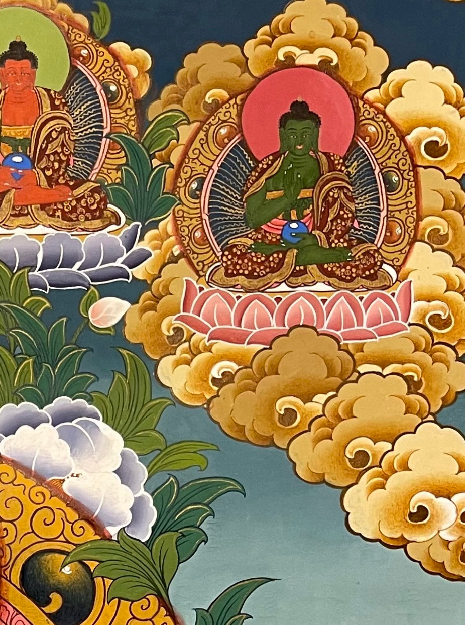 Amitabha Buddha thangka, detail: top-right corner