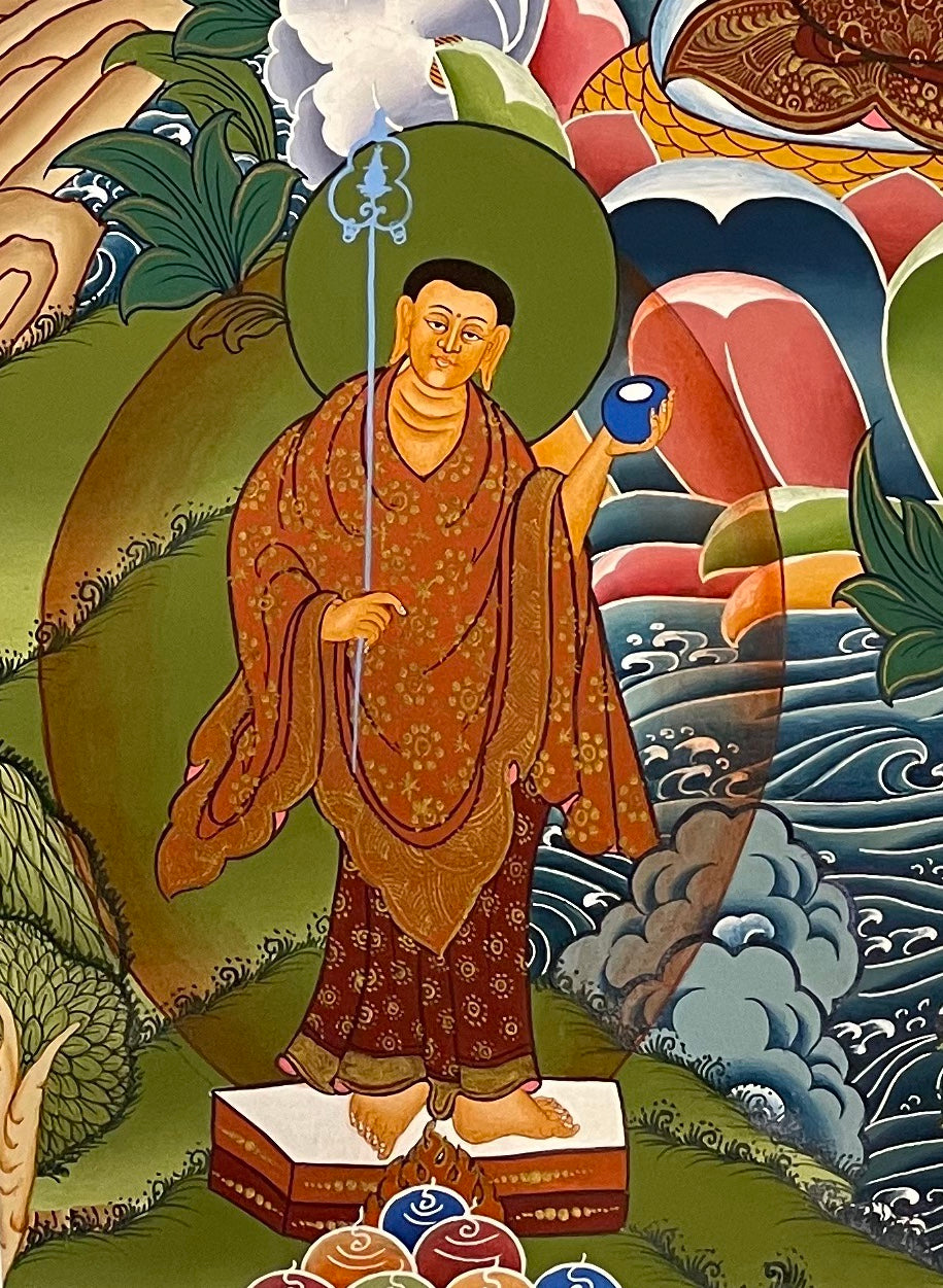 Amitabha Buddha thangka, detail: bottom-left corner
