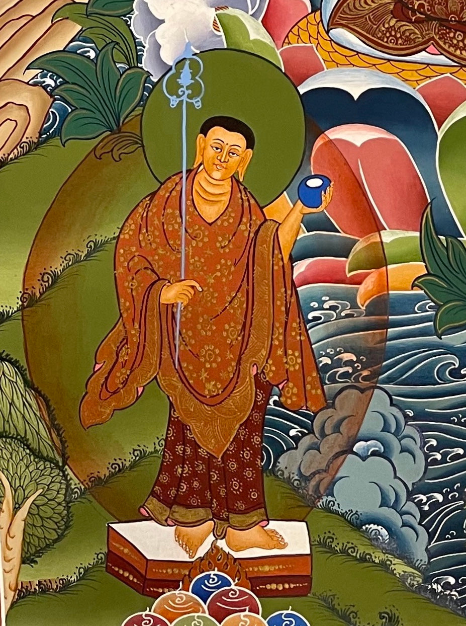 Amitabha Buddha thangka, detail: bottom-left corner