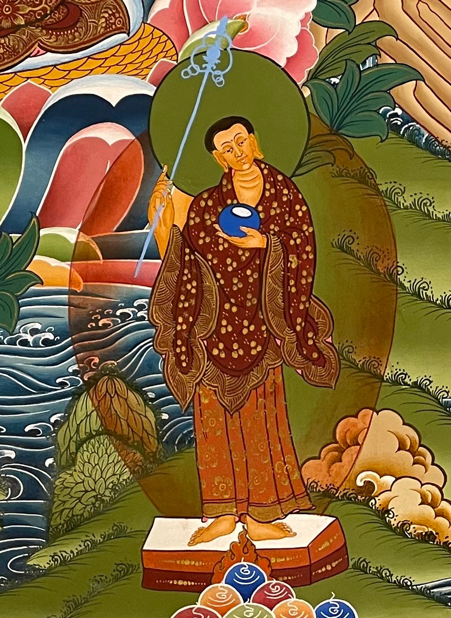 Amitabha Buddha thangka, detail: bottom-right corner