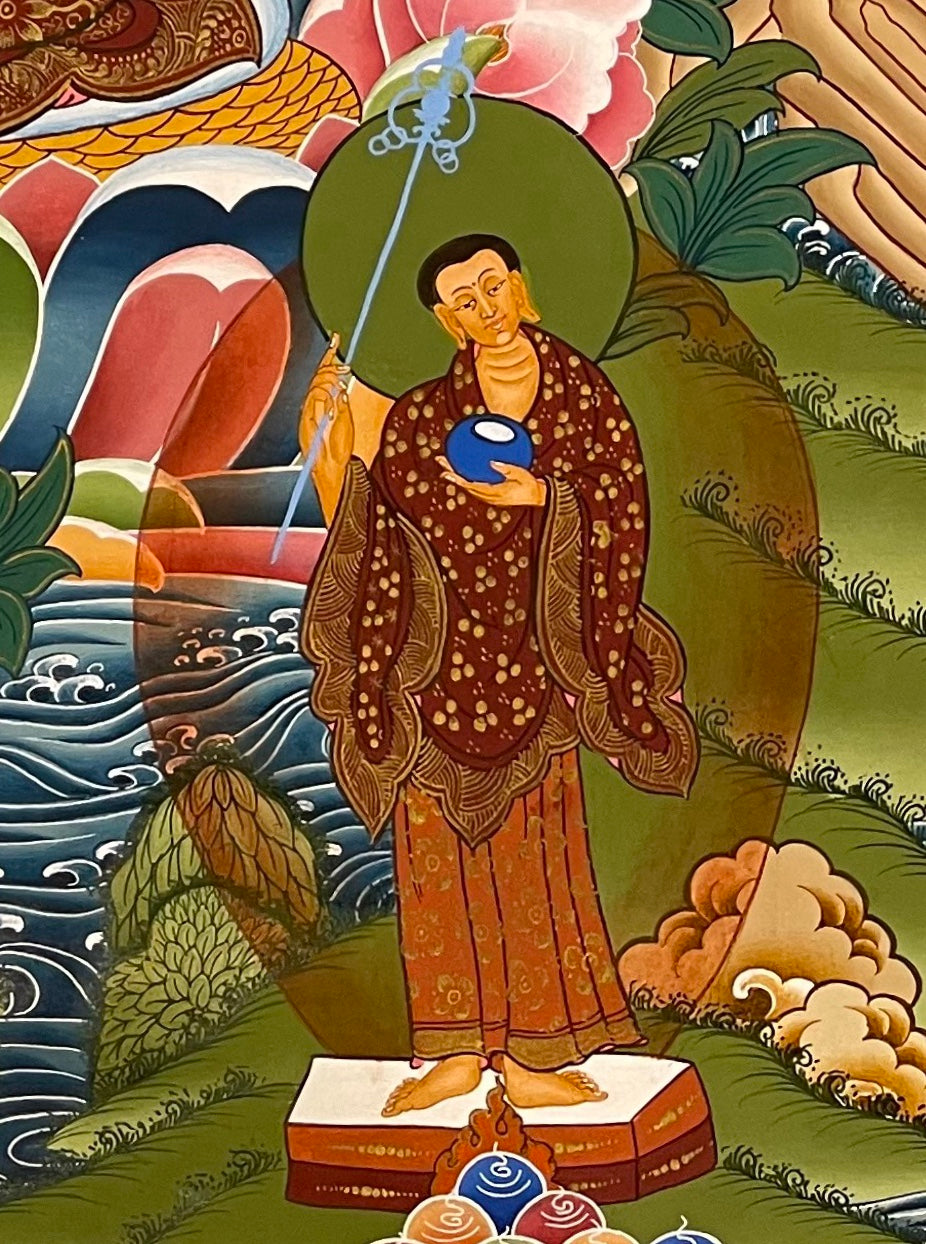 Amitabha Buddha thangka, detail: bottom-right corner