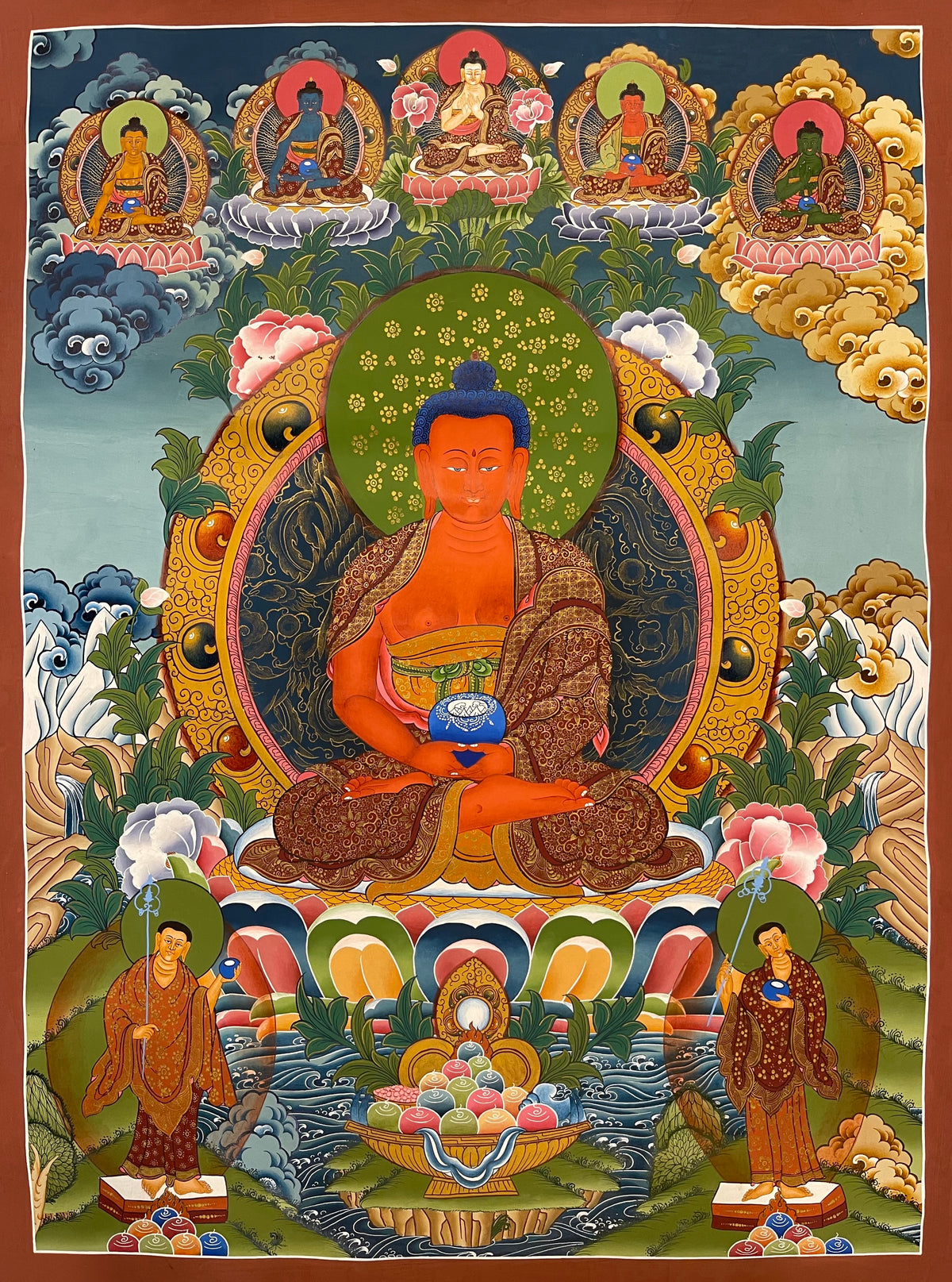 Amitabha Buddha thangka, 63×85 cm: red Amitabha with a blue alms bowl, five Buddhas above and two standing monks