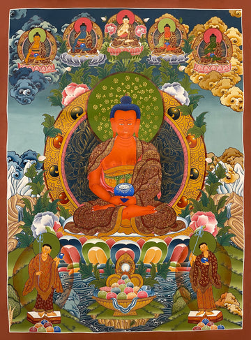 Amitabha Buddha thangka, 63×85 cm: red Amitabha with a blue alms bowl, five Buddhas above and two standing monks