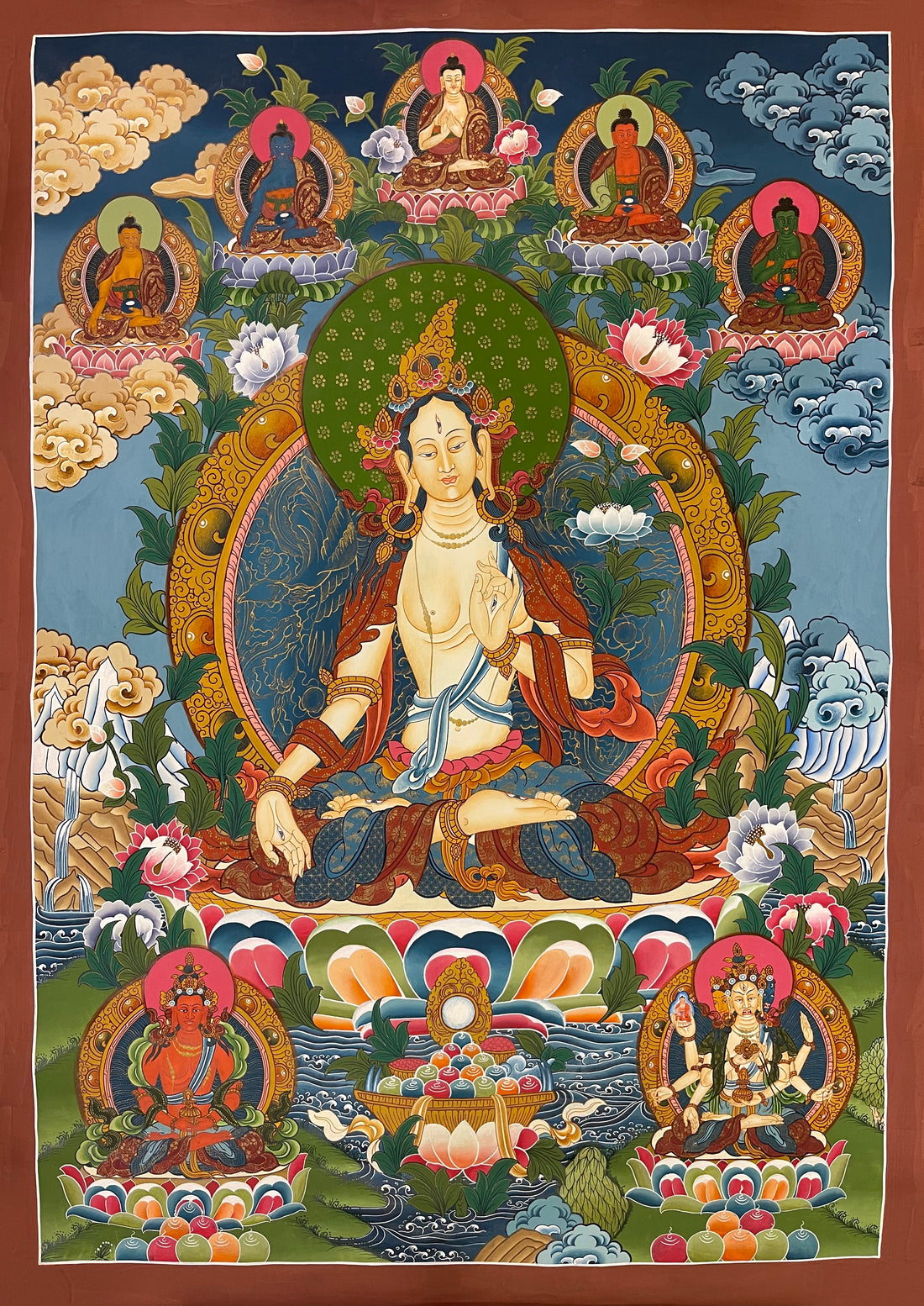 White Tara thangka, 59×83 cm: White Tara with the five Buddhas above and Amitayus and Namgyalma below