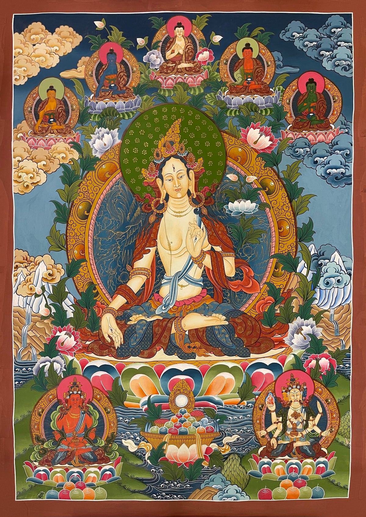 White Tara thangka, 59×83 cm: White Tara with the five Buddhas above and Amitayus and Namgyalma below