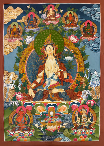 White Tara thangka, 59×83 cm: White Tara with the five Buddhas above and Amitayus and Namgyalma below