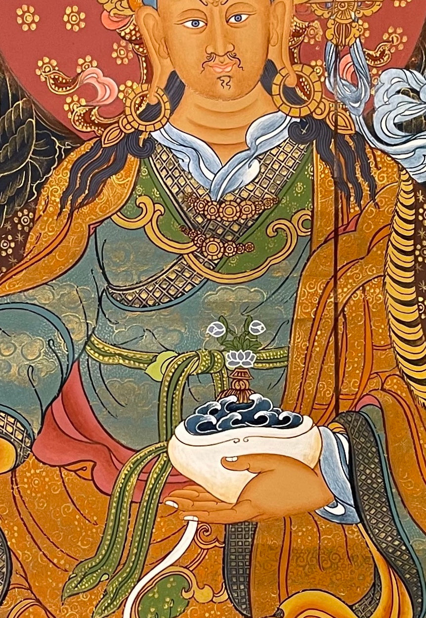 Padmasambhava thangka, 60×85 cm: Padmasambhava with the five Buddhas above and his two consorts below