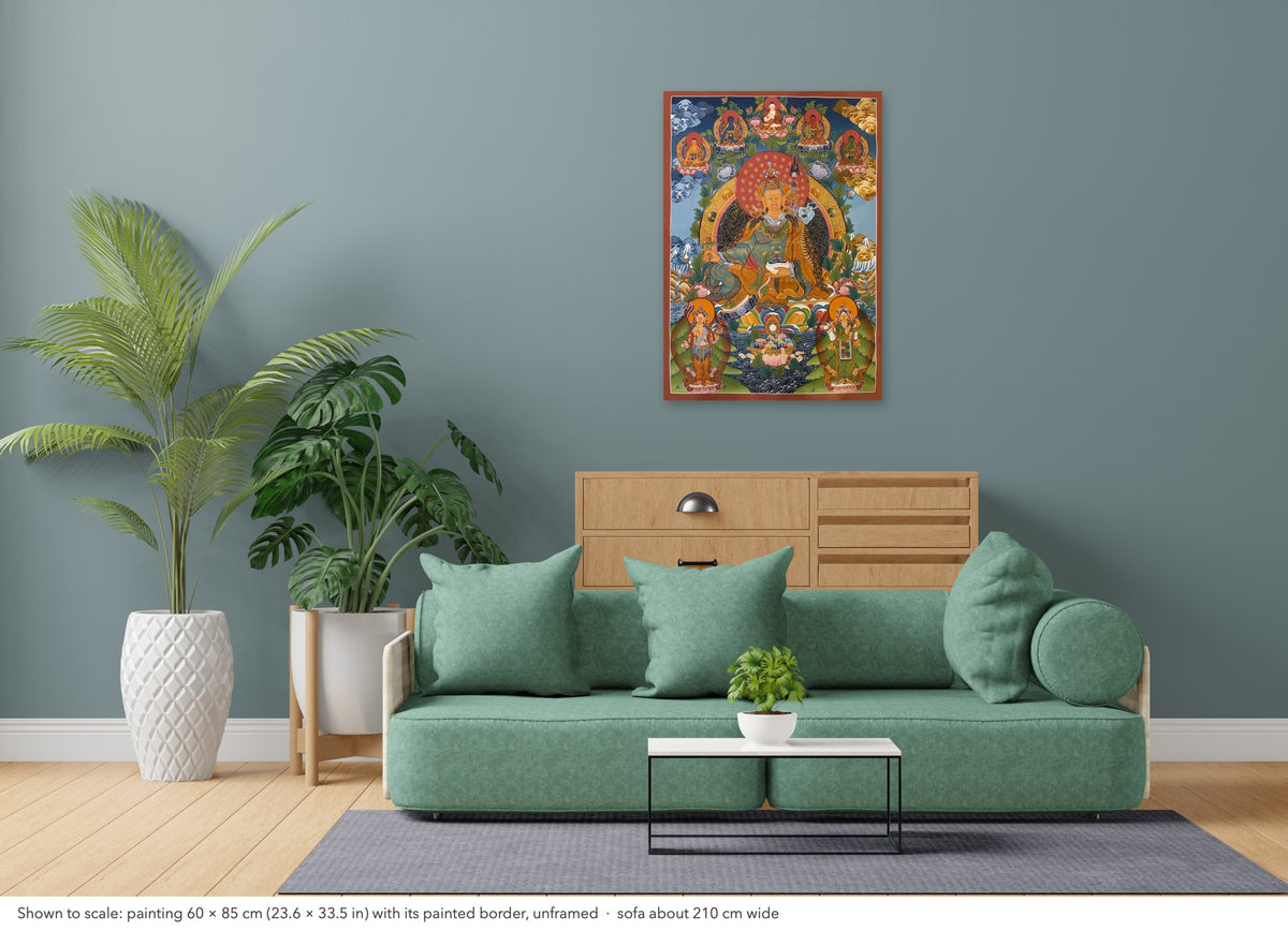 Padmasambhava thangka shown to scale in a living room, unframed, above a sofa about 210 cm wide (60×85 cm)