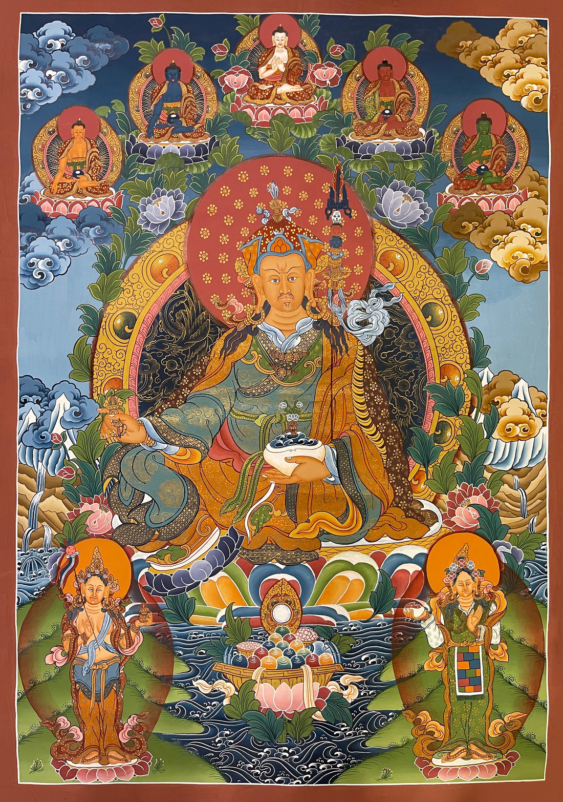 Padmasambhava thangka, 60×85 cm: Padmasambhava with the five Buddhas above and his two consorts below