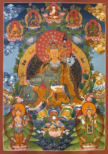 Padmasambhava thangka, 60×85 cm: Padmasambhava with the five Buddhas above and his two consorts below