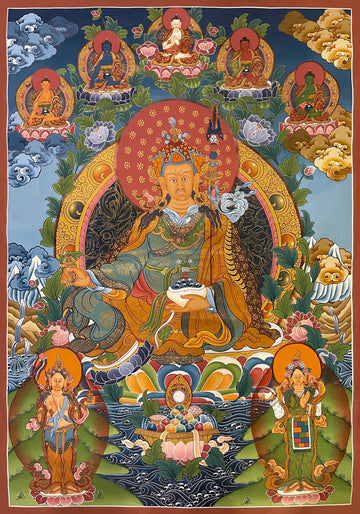 Padmasambhava thangka, 60×85 cm: Padmasambhava with the five Buddhas above and his two consorts below