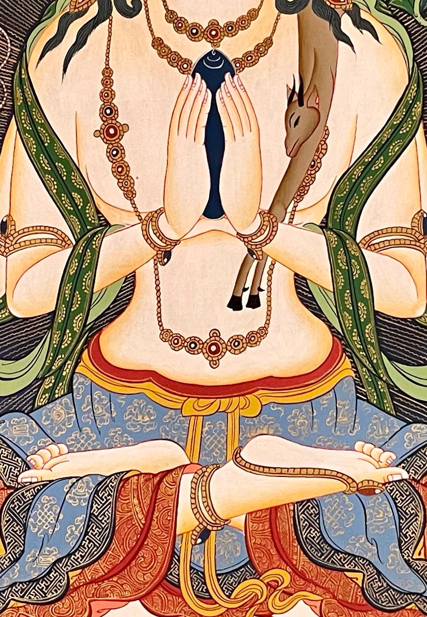 Chenrezig thangka, 60×86 cm: four-armed Chenrezig with Amitabha, White Tara and Green Tara above and Manjushri and Vajrapani below