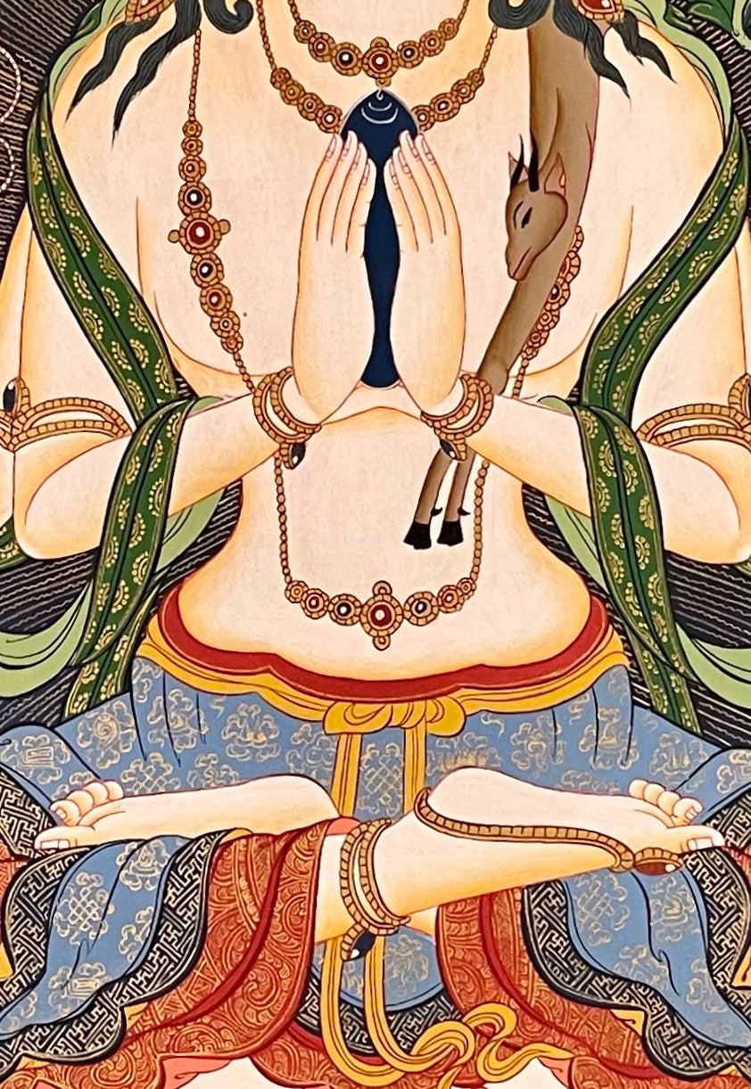 Chenrezig thangka, 60×86 cm: four-armed Chenrezig with Amitabha, White Tara and Green Tara above and Manjushri and Vajrapani below