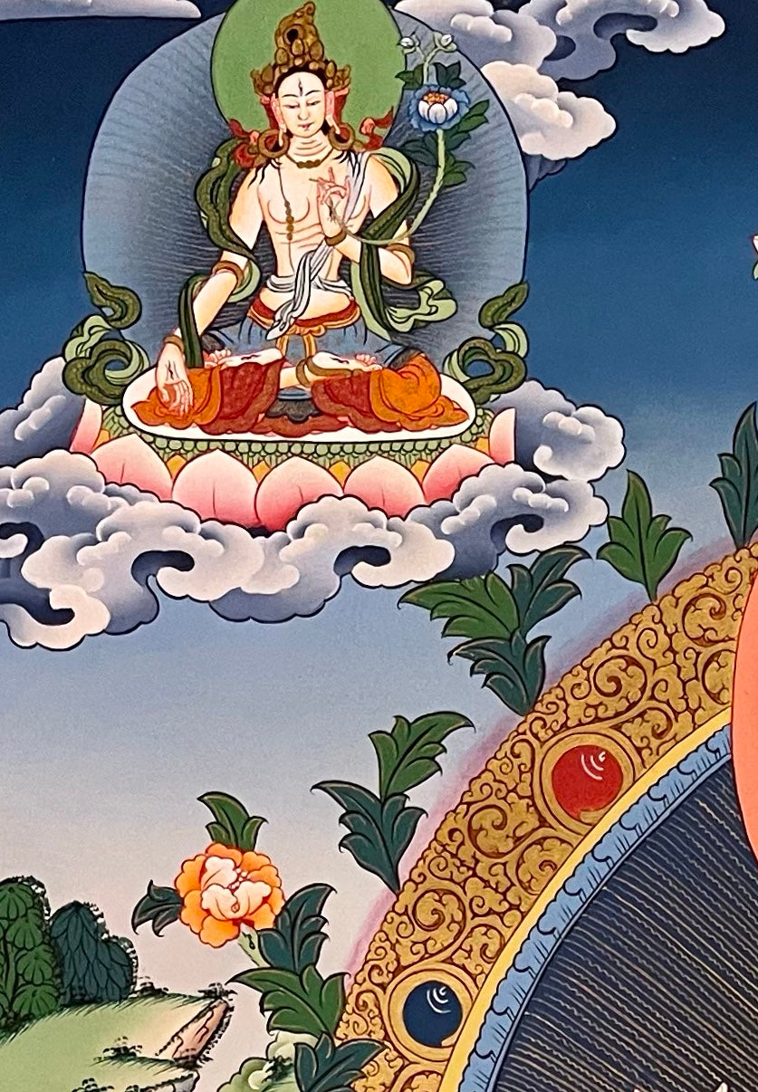 Chenrezig thangka, detail: top-left corner