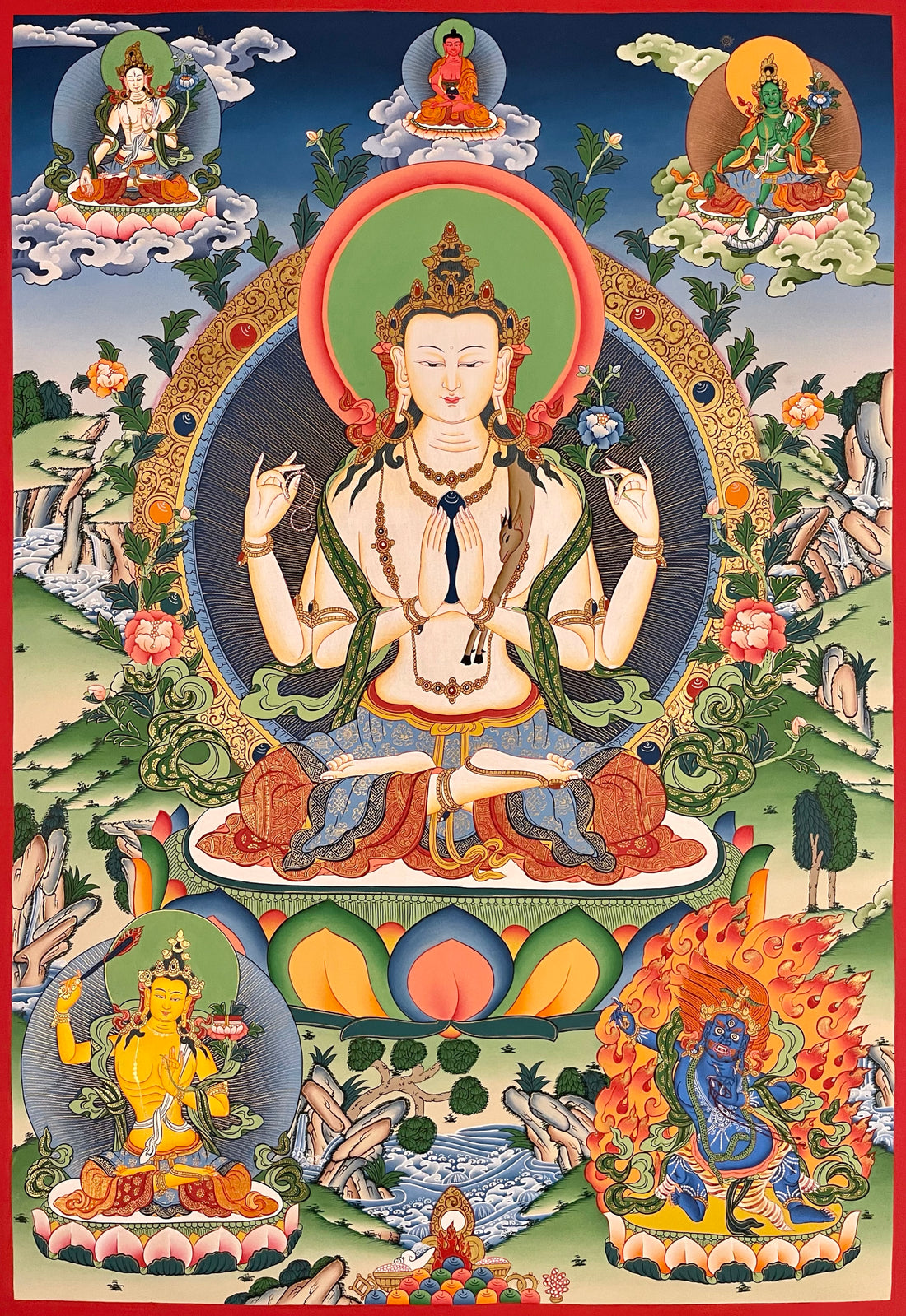 Chenrezig thangka, 60×86 cm: four-armed Chenrezig with Amitabha, White Tara and Green Tara above and Manjushri and Vajrapani below
