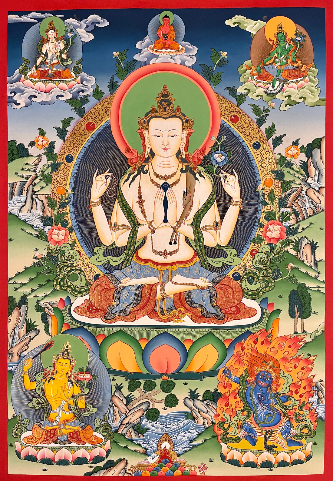 Chenrezig thangka, 60×86 cm: four-armed Chenrezig with Amitabha, White Tara and Green Tara above and Manjushri and Vajrapani below