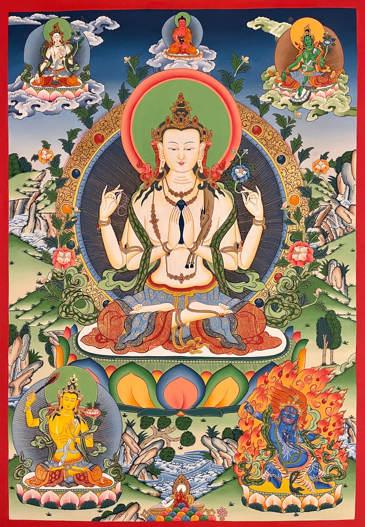 Chenrezig thangka, 60×86 cm: four-armed Chenrezig with Amitabha, White Tara and Green Tara above and Manjushri and Vajrapani below