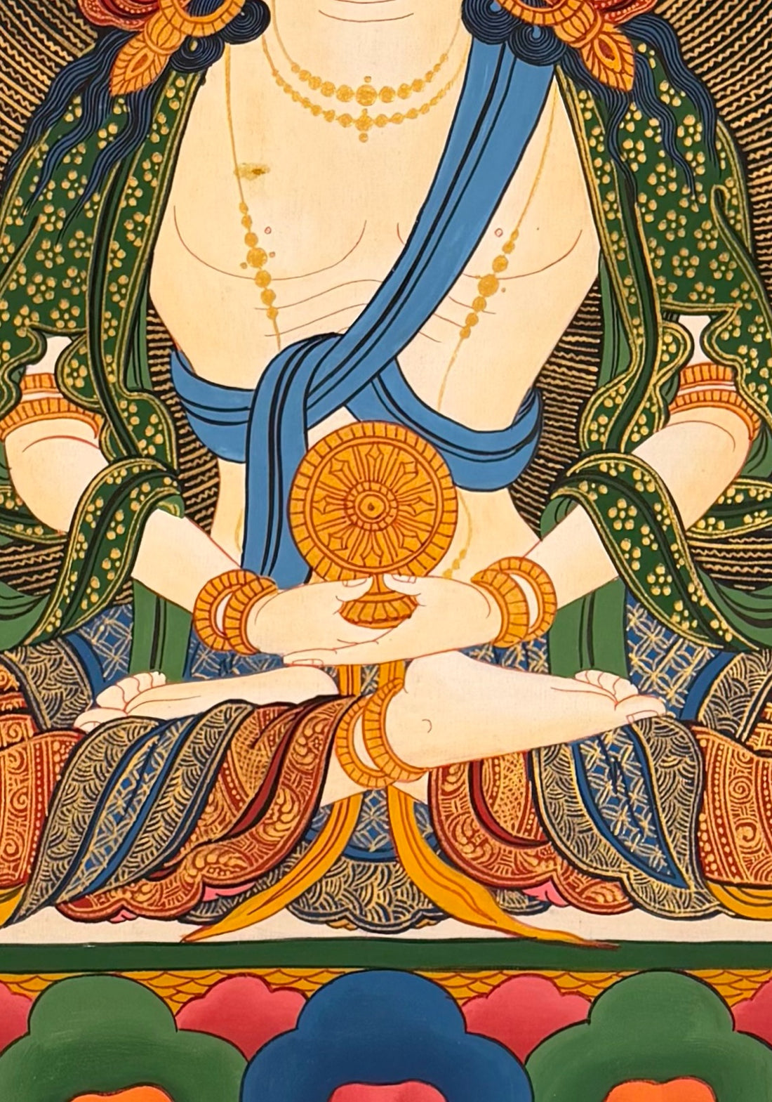 Vairocana thangka, 59×81 cm: four-faced white Vairocana with a dharma wheel