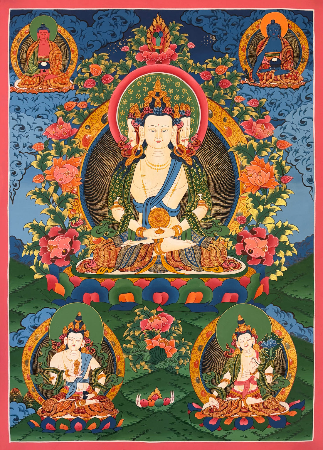 Vairocana thangka, 59×81 cm: four-faced white Vairocana with a dharma wheel