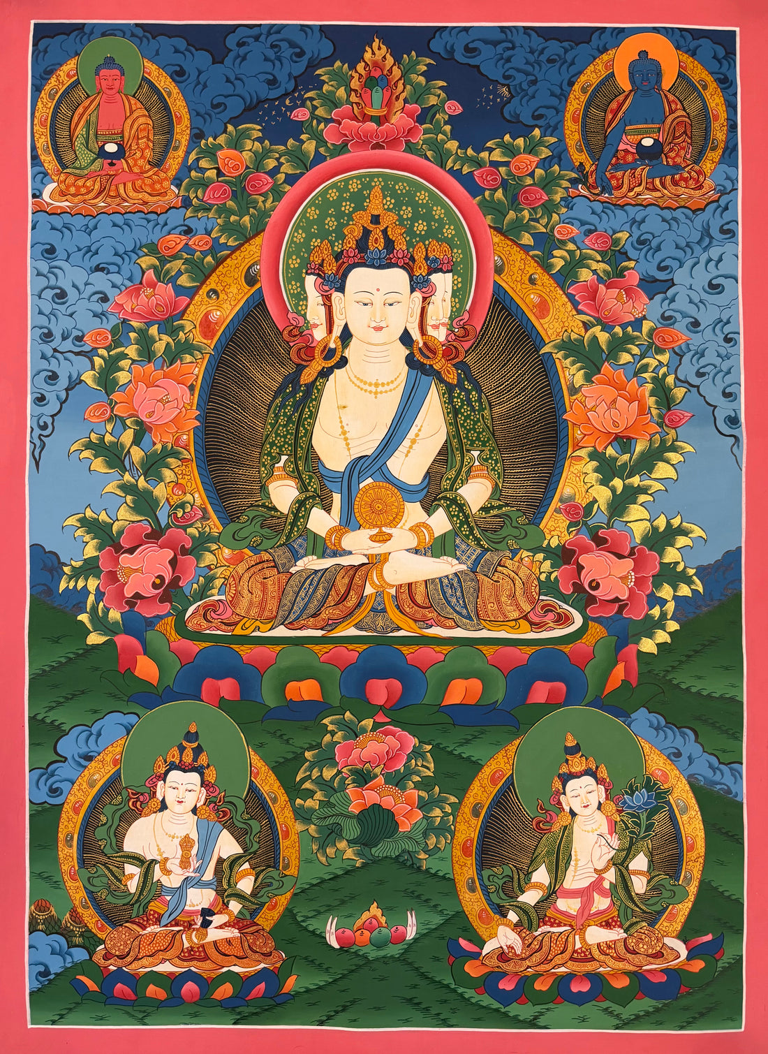 Vairocana thangka, 59×81 cm: four-faced white Vairocana with a dharma wheel