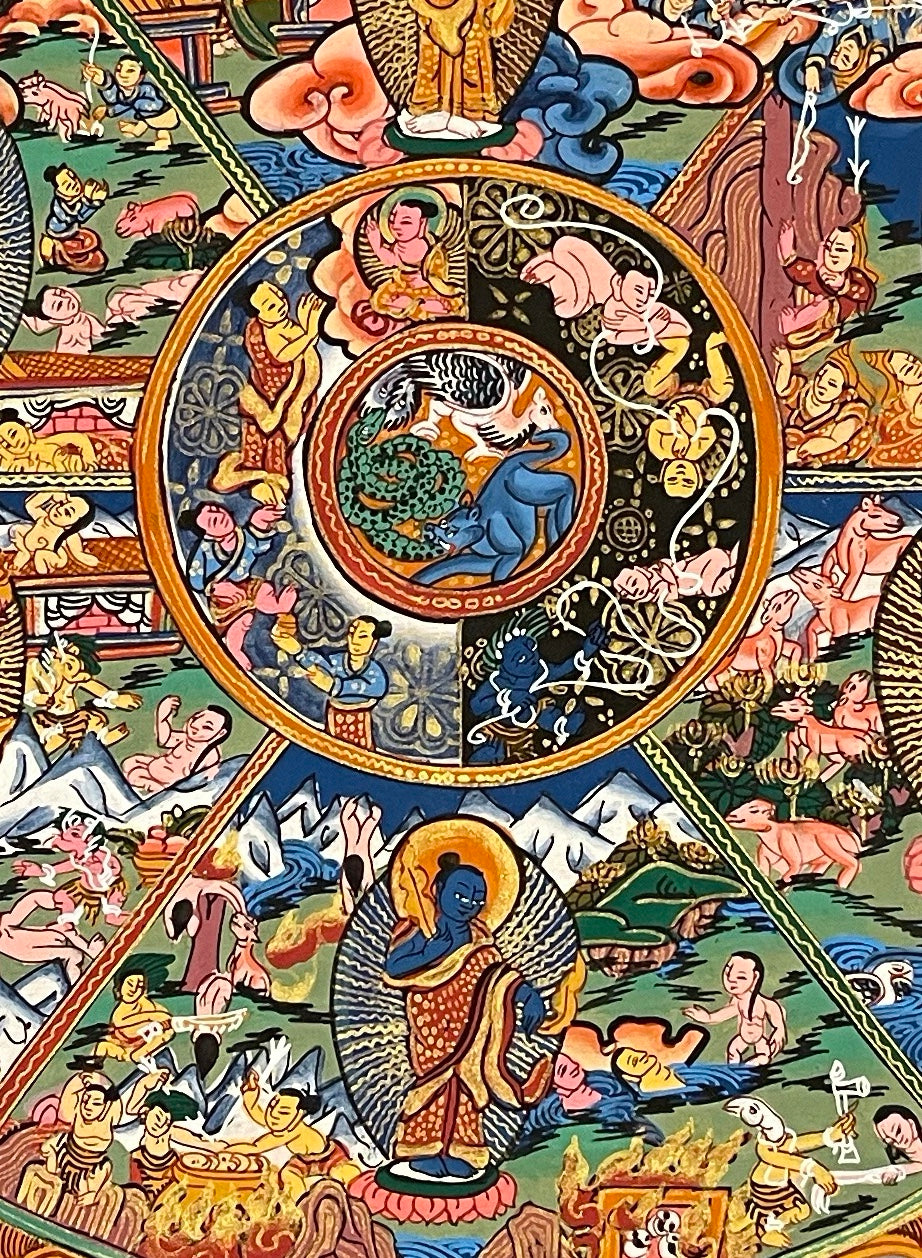 Wheel of Life thangka, 52×68 cm: red Yama holding the Wheel of Life with a Buddha in each realm, framed by a border of dragons