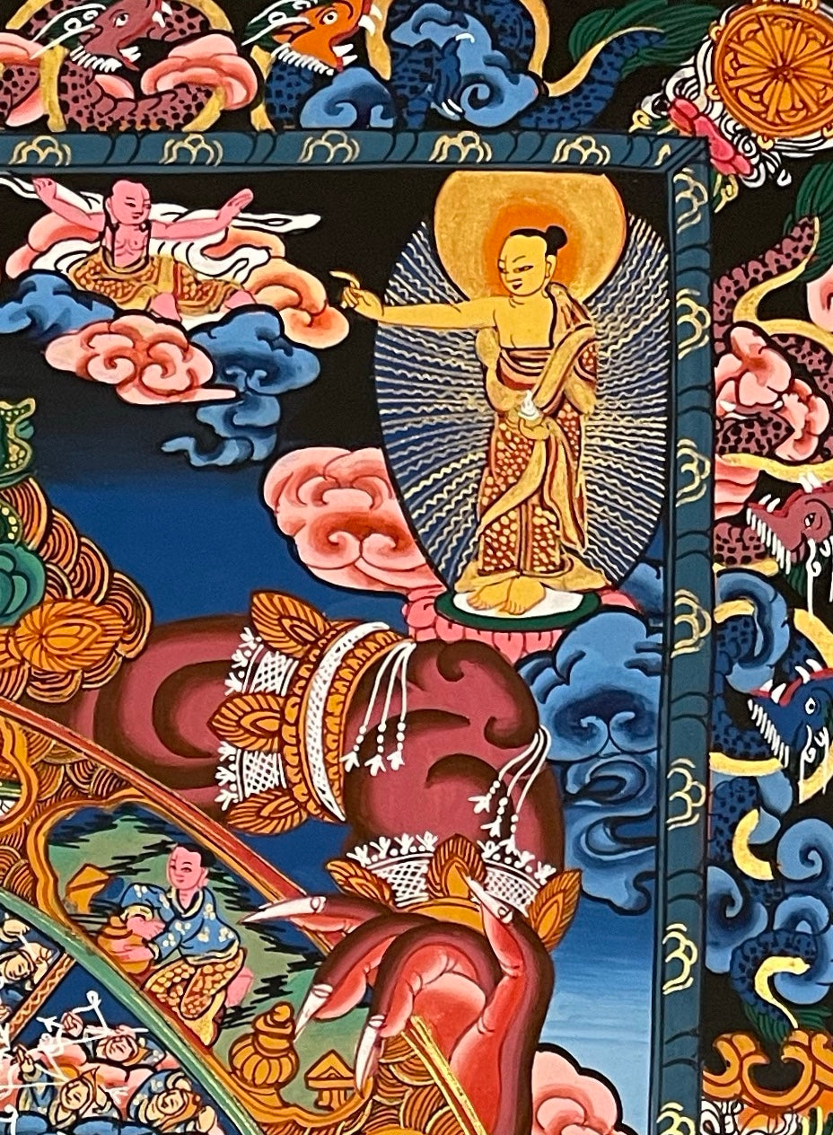 Wheel of Life thangka, detail: top-right corner