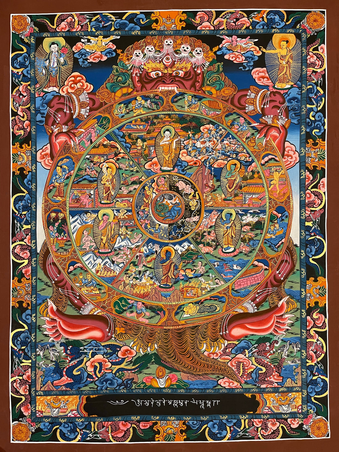 Wheel of Life thangka, 52×68 cm: red Yama holding the Wheel of Life with a Buddha in each realm, framed by a border of dragons