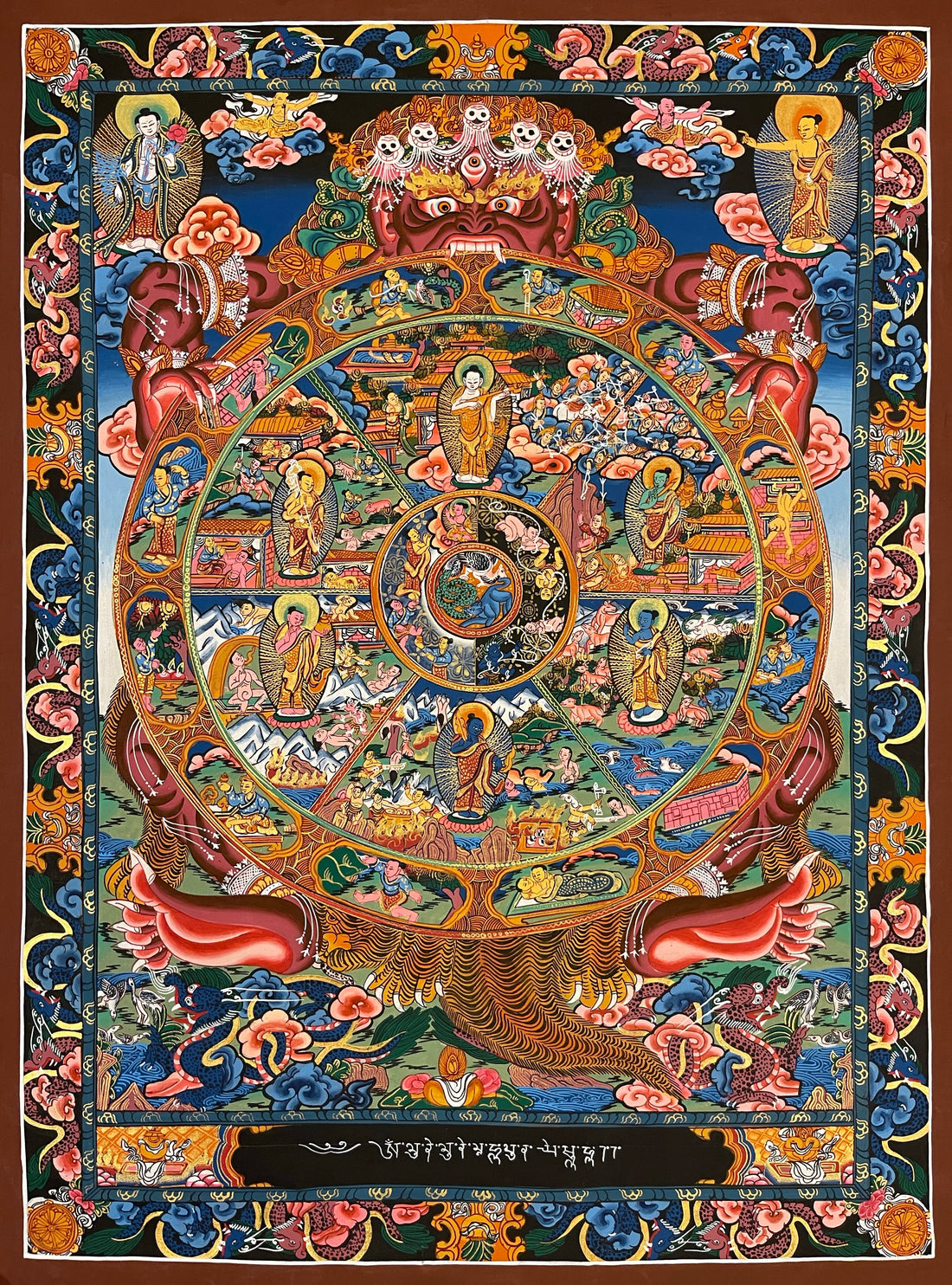Wheel of Life thangka, 52×68 cm: red Yama holding the Wheel of Life with a Buddha in each realm, framed by a border of dragons