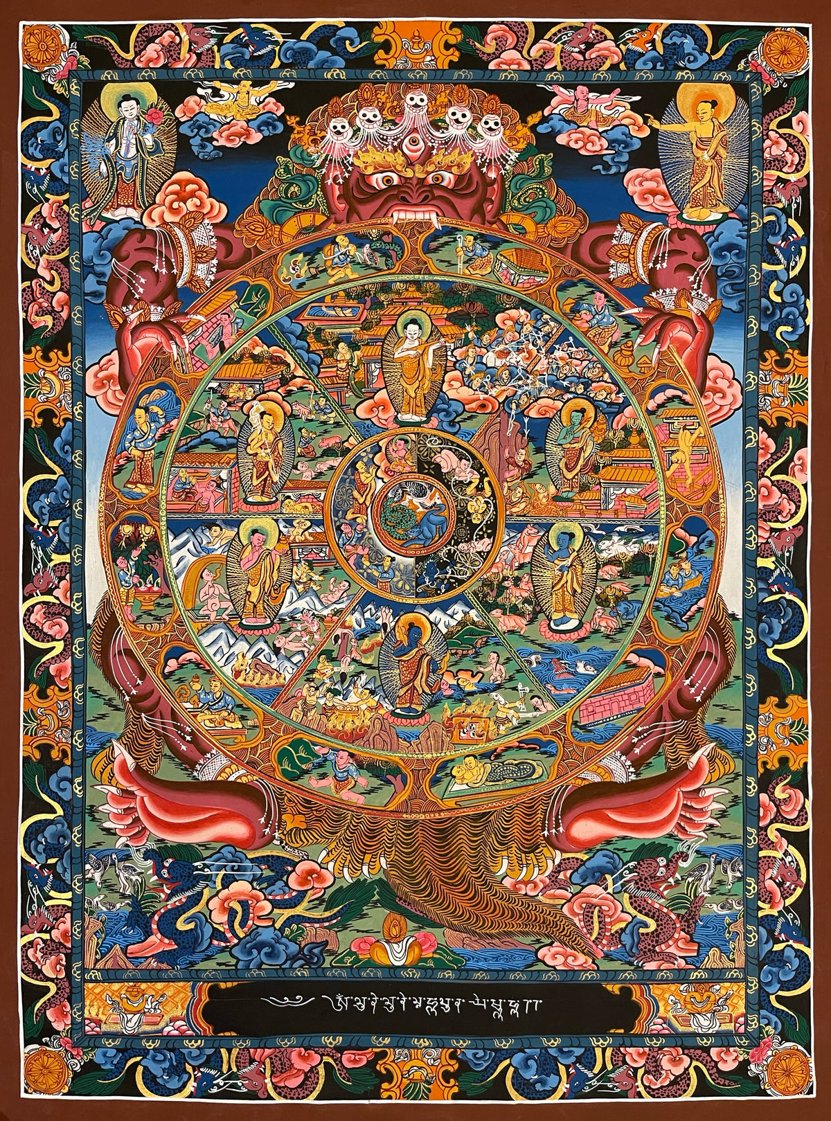Wheel of Life thangka, 52×68 cm: red Yama holding the Wheel of Life with a Buddha in each realm, framed by a border of dragons
