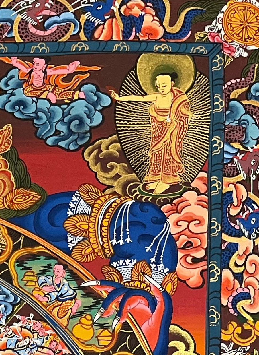 Wheel of Life thangka, detail: top-right corner