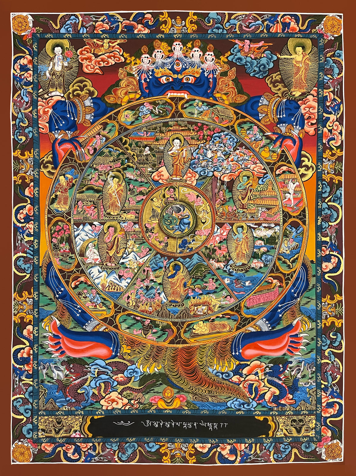 Wheel of Life thangka, 52×68 cm: dark blue Yama holding the Wheel of Life against a red and orange sky