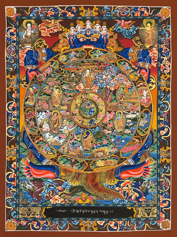 Wheel of Life thangka, 52×68 cm: dark blue Yama holding the Wheel of Life against a red and orange sky