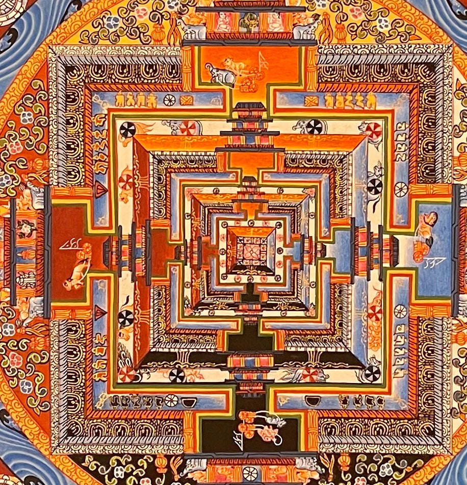 Kalachakra Mandala thangka, 55×55 cm: Kalachakra palace mandala surrounded by zigzag rays shading from white to violet