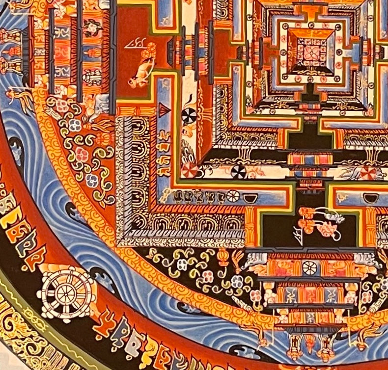Kalachakra Mandala thangka, 55×55 cm: Kalachakra palace mandala surrounded by zigzag rays shading from white to violet
