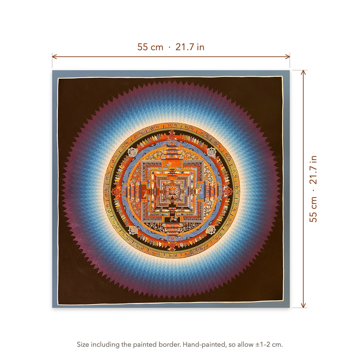 Size diagram: 55 × 55 cm (21.7 × 21.7 in), including the painted border