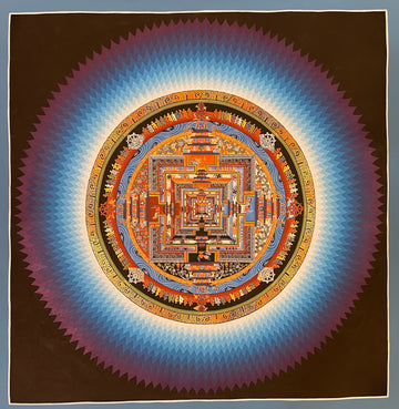 Kalachakra Mandala thangka, 55×55 cm: Kalachakra palace mandala surrounded by zigzag rays shading from white to violet