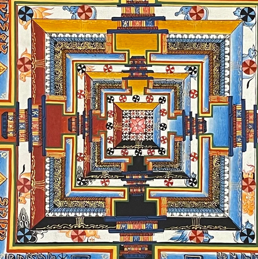 Kalachakra Mandala thangka, 55×55 cm: Kalachakra palace mandala on orange glowing golden-yellow, with offerings in the corners